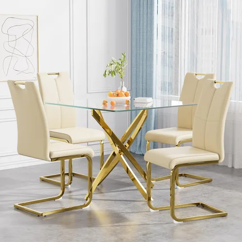 Vista 3 de Juego de mesa de comedor de 36 pulgadas para 4, moderna parte superior cuadrada de vidrio templado, mesa de patas de acero inoxidable con acabado