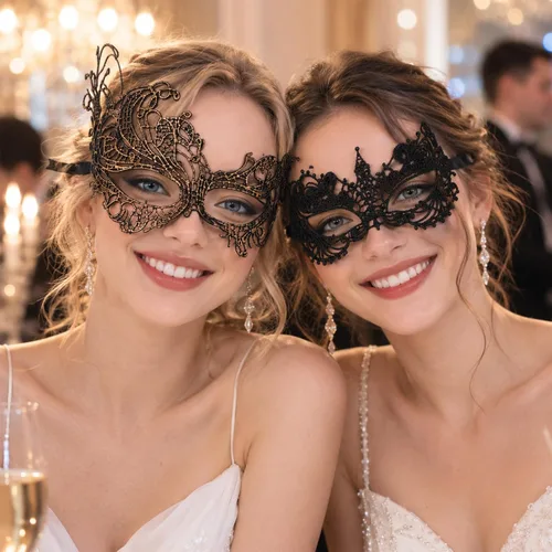 Vista 5 de 6 Pcs Lace Masquerade Mask for Women Men, Black Gold Half Face Mask