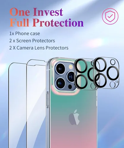Vista 3 de CAPRARO Funda compatible con el teléfono 15 Pro, funda mate translúcida iridiscente fluorescente, 2 protectores de pantalla + 2 protectores