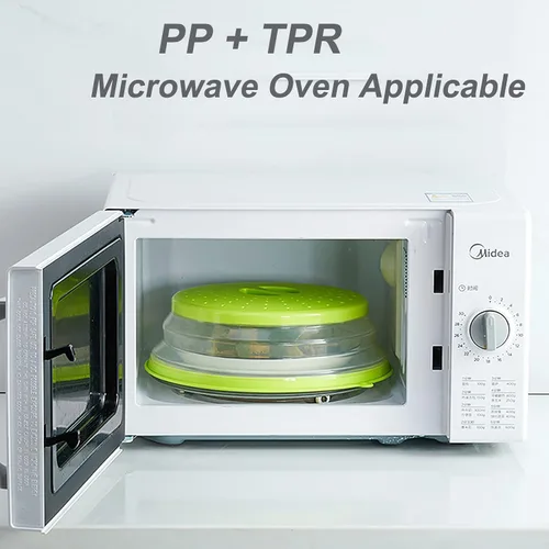Vista 2 de Tapa plegable mejorada para microondas, cubierta ventilada para salpicaduras de microondas, cubierta de placa de 10.5 pulgadas con agujero