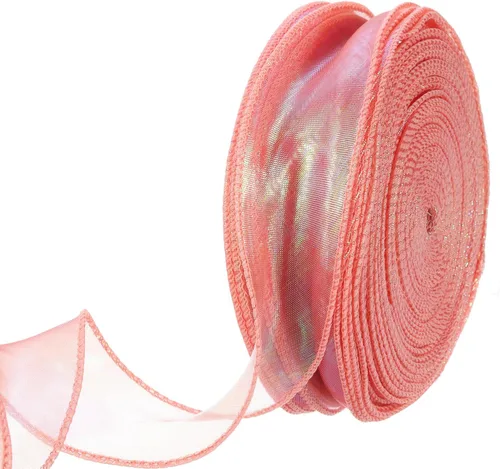 Vista 33 de MECCANIXITY - Cinta de organza con cable de 1 1/2" de ancho, brillante, transparente, con brillo irisado en tonos pastel, cinta de gasa para Beige