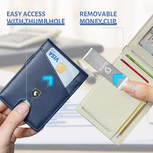 Vista 19 de GSOIAX Cartera delgada de cuero plegable RFID para hombre, billetera minimalista con bolsillo frontal con clip para dinero, 12 ranuras para Negro