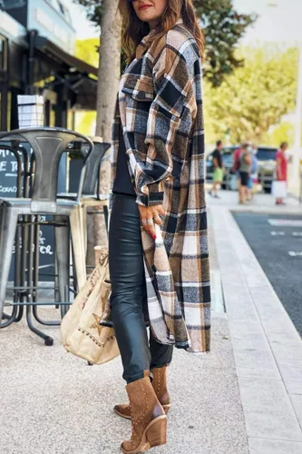 Vista 4 de Yousify Chaqueta larga con solapa a cuadros para mujer cepillada con botones y bolsillos