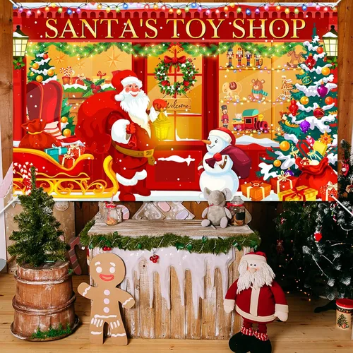 Vista 2 de Avezano Telón de fondo de Navidad, pancarta roja de la tienda de juguetes de Santa para fotografía, fondo de tienda de Navidad, decoración