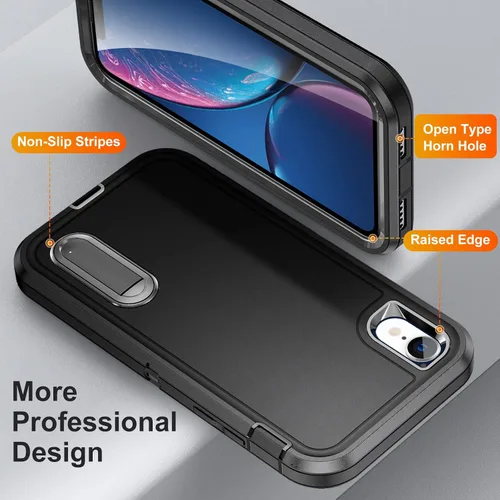 Vista 5 de IDweel Funda para iPhone XR, color negro para iPhone XR con soporte para hombres, protección resistente a prueba de golpes, antiarañazos, ajuste