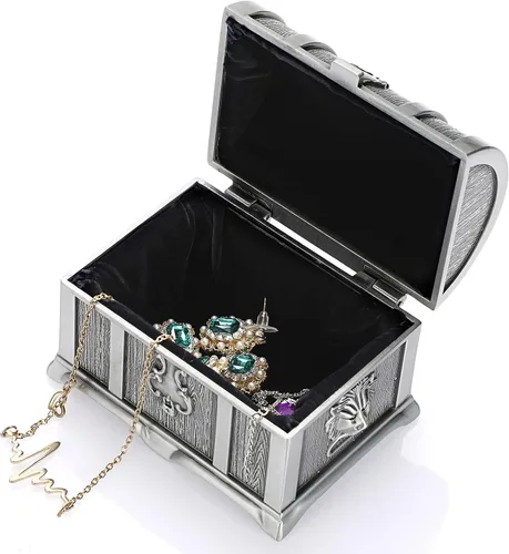 Vista 4 de Hipiwe Joyero de metal vintage, baúl del tesoro, aretes, collar, recuerdo, regalo para niñas, damas y mujeres (tamaño pequeño)