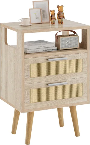 Vista 11 de YMYNY Mesita de noche con 2 cajones, mesa auxiliar bohemia, ratán decorado a mano, estante abierto con diseño arqueado, patas de madera maciza, Negro