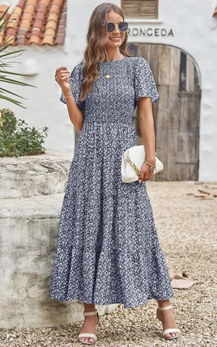 Vista 7 de PRETTYGARDEN Vestido largo casual de verano para mujer, de manga corta, bohemio, floral, cuello redondo, fruncido y escalonado
