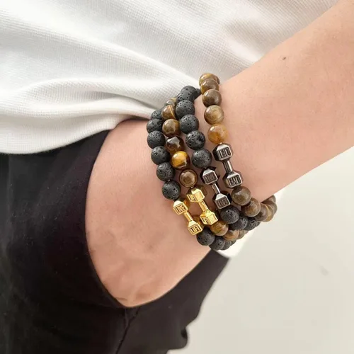 Vista 8 de Pulsera de mancuernas negra hecha a mano, para gimnasio, hermanos, fitness, piedra volcánica, piedra de lava volcánica, ajustable, pulsera