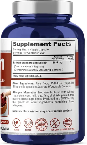 Vista 2 de Extracto de azafrán 88.5mg 200 cápsulas vegetales (vegetariano, sin OMG, sin gluten)