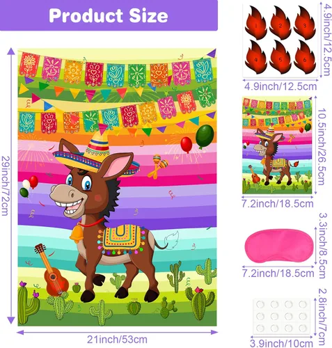 Vista 2 de NEBURORA Pin The Tail on The Donkey Juego de burro mexicano con 24 colas para fiesta del Cinco de Mayo, fiesta mexicana, fiesta temática de taco