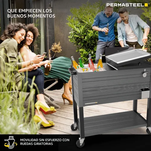 Vista 4 de Permasteel 80 Quart Party Cooler, Rolling Ice Chest with Wheels and Handles for Indoor Outdoor Patio Gris