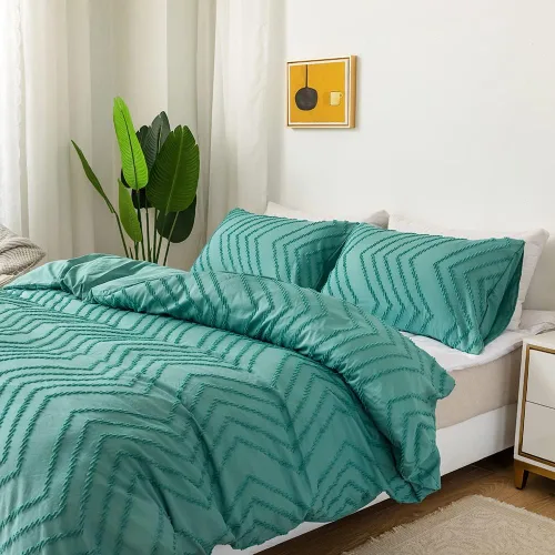Vista 3 de Juego de funda de edredón individual (66 x 90 pulgadas), diseño copetudo, juego de ropa de cama de microfibra azul, 2 piezas, funda de edredón