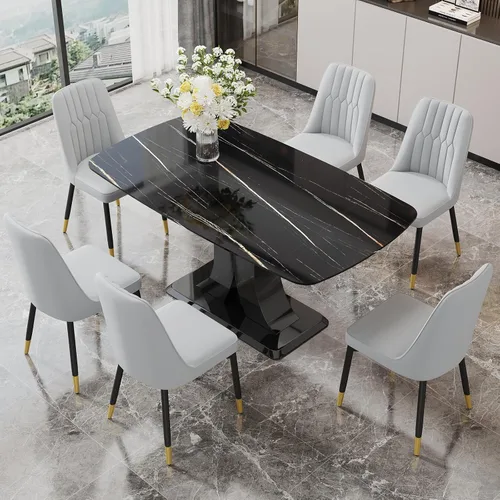 Vista 38 de Moderno juego de mesa de comedor para 4, mesa de vidrio de 63 pulgadas y base de MDF, mesa de comedor de mármol sintético negro con 4 sillas Mesa