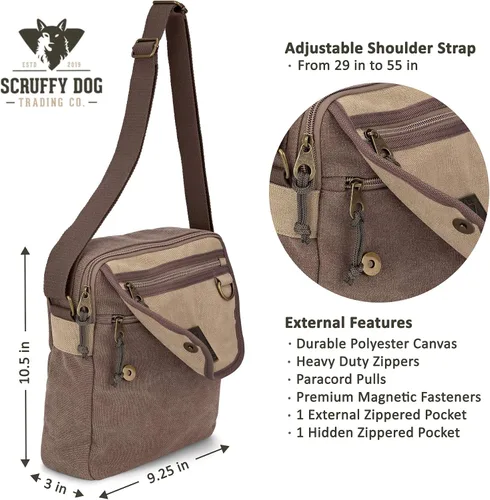 Vista 3 de Scruffy Dog Bolso bandolera de lona para hombres y mujeres con correa ajustable, bolso bandolera pequeño, 11 pulgadas