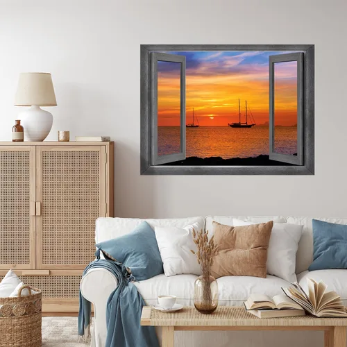 Vista 3 de wall26 Adhesivo de pared con vista lateral de la bahía al atardecer, mural de pared con ventana abierta, no despegar ni pegar, papel tapiz no tejido