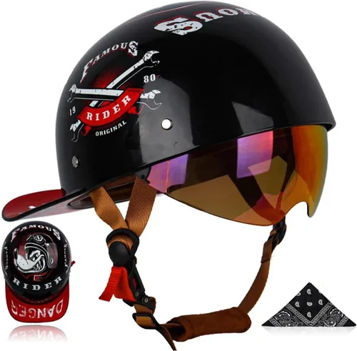Vista 16 de Medio casco para motocicleta, gorra de béisbol retro, medios cascos con lente desplegable para adultos de calle, para hombres y mujeres