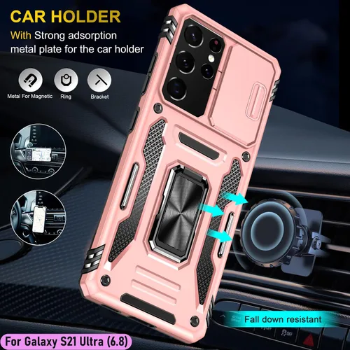 Vista 8 de Funda resistente para Samsung Galaxy S21 Ultra, protección híbrida de goma de doble capa de grado militar con protector de cámara deslizante