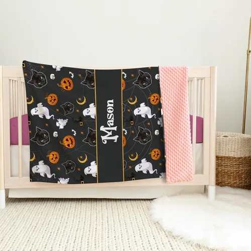 Vista 5 de Manta de Halloween personalizada, nombre personalizado con diseños de dibujos animados de Halloween, manta de franela de felpa suave con respaldo