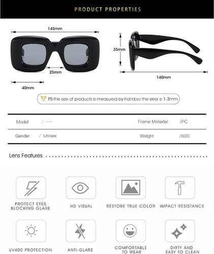 Vista 5 de Teumire Lindas gafas de sol cuadradas infladas para mujeres y hombres, gafas gruesas de color caramelo Y2K Hip Hop Punk Shades