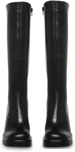 Vista 3 de SOVANYOU Botas de cuero negro Botines de plataforma para mujer Botas de tacón cuadrado con plataforma Botas de tacón grueso con punta cuadrada Botas