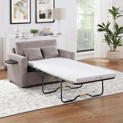 Vista 14 de P PURLOVE Sofá cama cama de 47.2 pulgadas de largo, sofá cama extraíble 2 en 1 con colchón, una mesa auxiliar plegable, sofá biplaza para sala