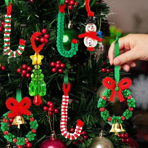 Vista 6 de AWHETIE Manualidades de Navidad para niños y adultos, 40 juegos de kit de adornos con cuentas, incluye 20 piezas de corona con campana/5 piezas