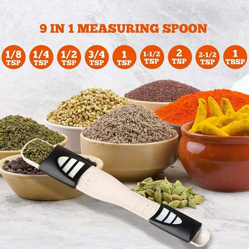 Vista 2 de Cuchara medidora de doble extremo, 2 en 1, escala ajustable de 1/8 cucharada a 1 cucharadita de medición de ingredientes secos y semilíquidos