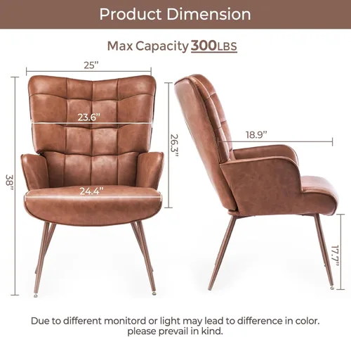 Vista 2 de Kosydown Silla de Acento de Cuero PU, Silla de Respaldo Alto con Alas, Asiento Individual Cómodo, Elegante Silla de Acento Capitoné para Sala
