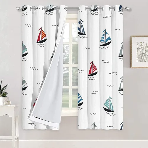 Vista 2 de Cortinas opacas de velero, cortinas impresas en 3D de estilo simple, 2 paneles de cortinas para ventana, cortinas con aislamiento térmico, cortina
