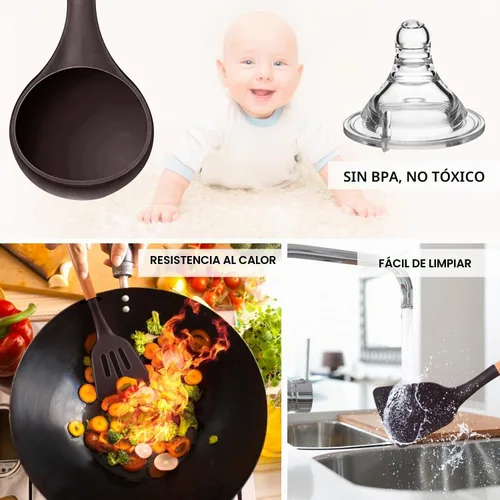Vista 6 de MIBOTE Juego de utensilios de cocina de silicona con soporte, mangos de madera, pinzas para voltear, espátula, cuchara, utensilios de cocina