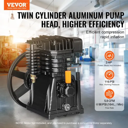 Vista 2 de VEVOR Cabezal de bomba de compresor de aire, 3HP 5.8CFM @ 90PSI, cabezal de bomba de pistón de compresor de aire lubricado con aceite de doble