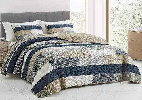 Vista 21 de Chezmoi Collection Caleb - Juego de edredón de 2 piezas con diseño floral a cuadros en gris apagado, blanco y marfil, rectangular, prelavado