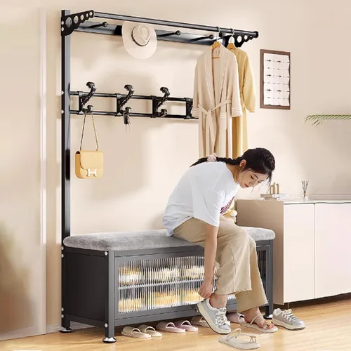 Vista 3 de Hall Tree with Bench and Shoe Storage, 4 in 1 Coat Rack with Shoe Bench with Hooks, Freestanding Entrance Storage Cabinet for Hallway for Hallway