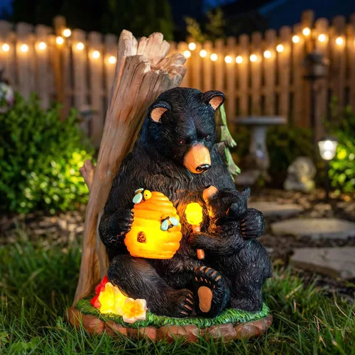 Vista 9 de Candieslife Estatua de jardín de oso solar con colmena brillante y cachorro, figura LED para exteriores, decoración para patio, césped, arte