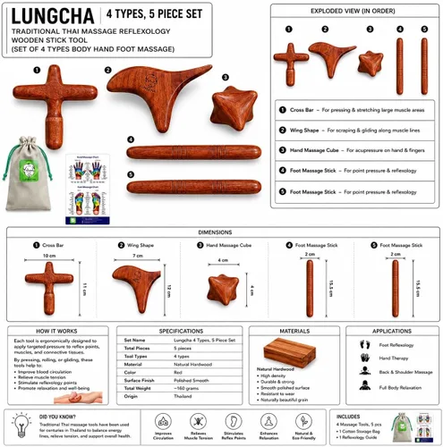 Vista 2 de Lungcha 4 tipos, juego de 5 piezas tradicional tailandés masaje reflexología herramienta de palo de madera