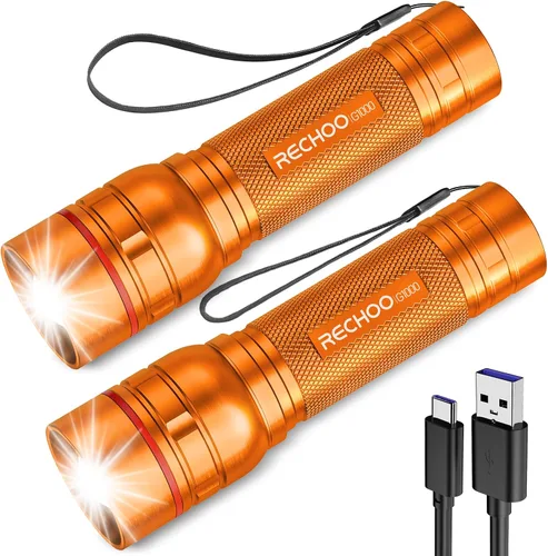 Vista 22 de RECHOO Linternas recargables de alta luminosidad, G1000 súper brillante, pequeña linterna LED con zoom y 3 modos de iluminación, linterna táctica