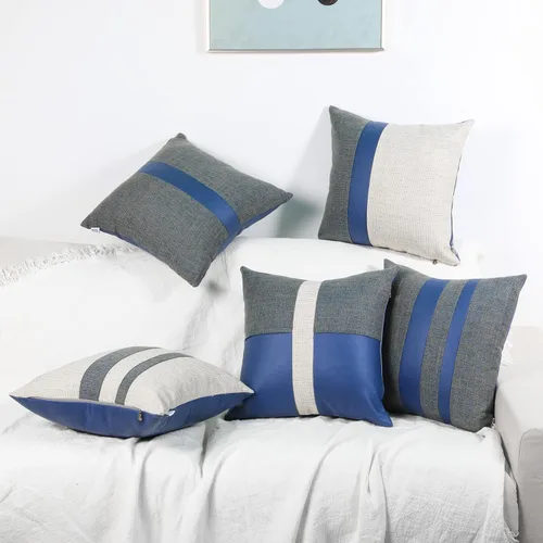 Vista 8 de Juego de 2 fundas de almohada decorativas de retazos para sofá, funda de cojín cuadrada de piel sintética para sofá, dormitorio, sala de estar, 18 x