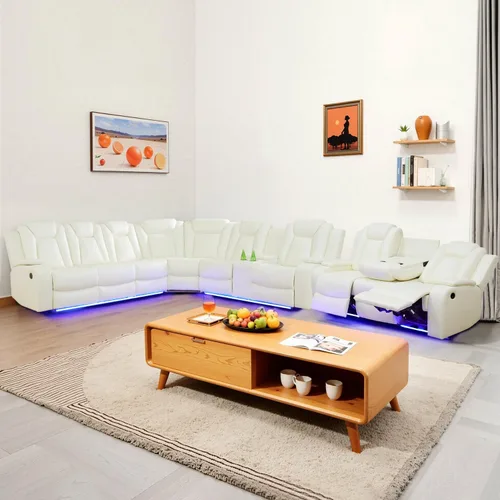 Vista 12 de Juego de sofá seccional reclinable con alimentación, juego de sofá modular reclinable de cuero negro en forma de L, sofá de cuero en forma de L