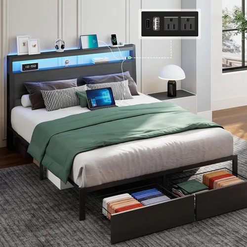 Vista 19 de SADENICEL Base de cama de tamaño matrimonial con almacenamiento, plataforma de cama de madera LED con cabecero, 2 cajones, estación de carga,