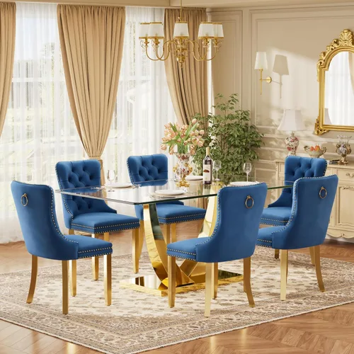 Vista 39 de Juego de mesa de comedor de cristal moderno de mediados de siglo para 4, 63 pulgadas, juego de comedor rectangular grande de lujo con parte superior