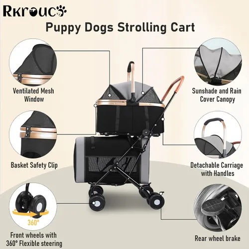 Vista 4 de Cochecito plegable doble para mascotas para perros, cochecitos portátiles para gatos para mascotas pequeñas y medianas con transportadores Negro