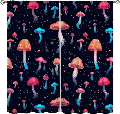 Vista 15 de Cortinas semitraslúcidas de hongos, estilo bohemio, plantas místicas, sol, luna, tratamiento de ventana para dormitorio, sala de estar, cocina