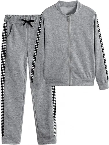 Vista 2 de Conjunto de dos piezas para mujer, para otoño e invierno, casual, manga larga, abrigo a cuadros en contraste, conjunto de ropa deportiva