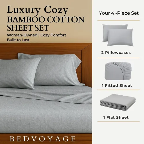 Vista 4 de BedVoyage Cozy Sheets Queen - Juego de sábanas de 50% viscosa de bambú y 50% mezcla de algodón, ropa de cama suave y transpirable, bolsillo profundo