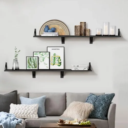Vista 4 de Forbena Juego de 3 estantes flotantes negros para baño, estantes de madera para libros, estante rústico para almacenamiento, organizador de baño