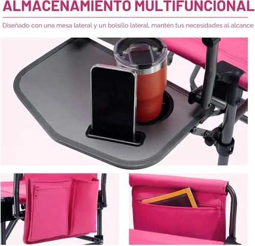 Vista 7 de EVER ADVANCED Silla de directores de camping con mesa auxiliar, plegable portátil con tamaño compacto, silla de césped resistente con bolsillo