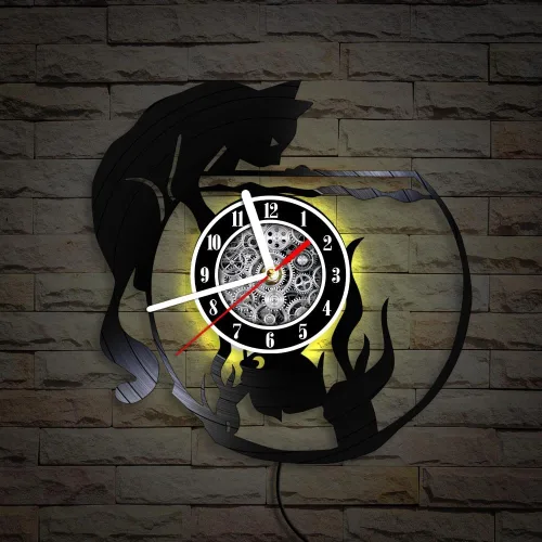Vista 6 de The Geeky Days Reloj de pared con iluminación LED de gato negro con pecera, lámpara de noche para guardería, habitación de niños, gatito juguetón