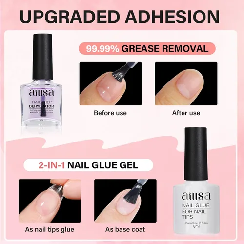 Vista 5 de AILLSA Kit de uñas almendra con lámpara UV, 240 piezas de puntas de uñas cortas de gel y kit de pegamento en gel con pegamento de uñas 2 en 1, capa