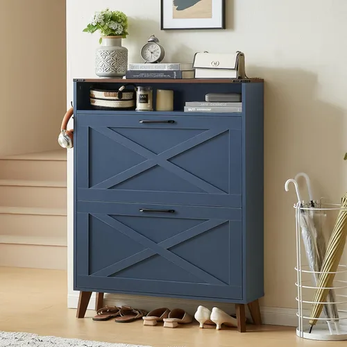 Vista 10 de Joaxswe Gabinete de Almacenamiento de Zapatos con 2 Cajones Abatibles, Organizador Estilo Granja para Entrada, Estante Oculto Estrecho con Patas